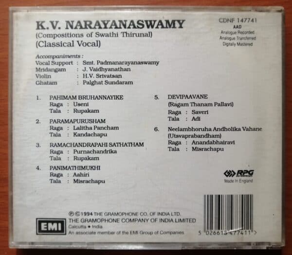 K.V.NARAYANASWAMY COMPOSITIONS OF SWATHI THIRUNAL - Classical Vocal Imported Audio Cd - Image 3