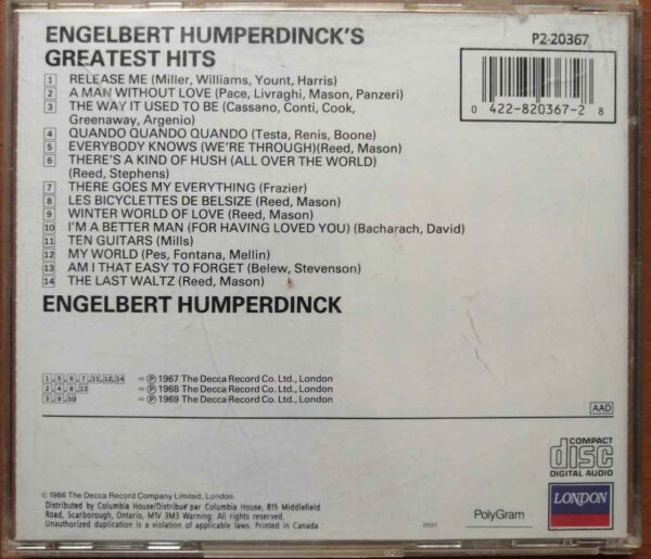 ENGELBERT, HUMPERDINCK - GREATEST HITS - Imported Classical Album Audio Cd - Image 3