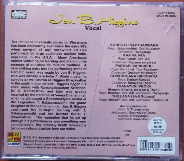 JON B. HIGGINS VOCAL - Carnatic Audio Cd - Image 2