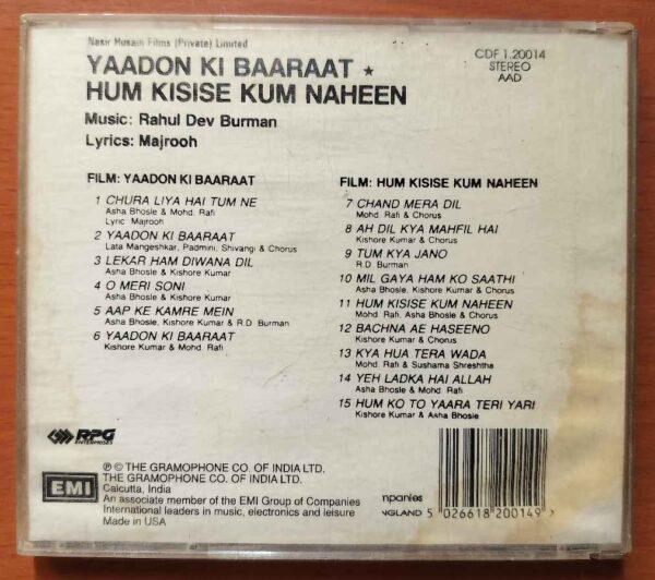 YAADON KI BAARAAT / HUM KISISE KUM NAHEEN - Rahul Dev Burman Imported Hindi Audio Cd - Image 3