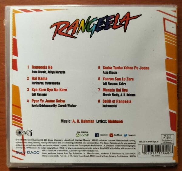 RANGEELA - A.R. Rahman Hindi Audio Cd - Image 3