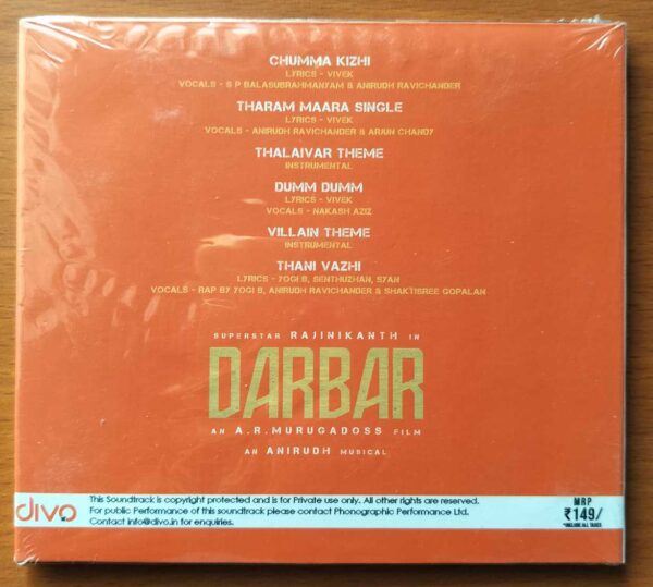 DARBAR - Anirudh Tamil Audio Cd (FACTORY SEALED PACK) - Image 2